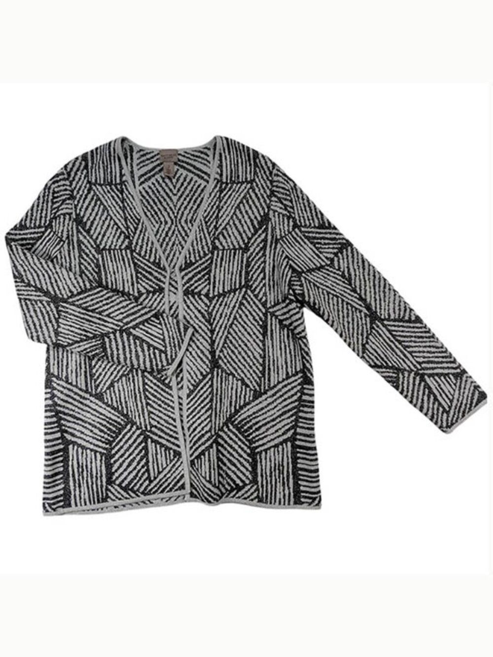 Easywear Chicos Cardigan Womens L 12 Gray Geometric Op Art Mod 60s Retro Graphic